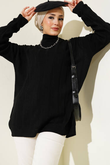 Salaş Yarım Balıkçı Triko Tunik Siyah - Tunik