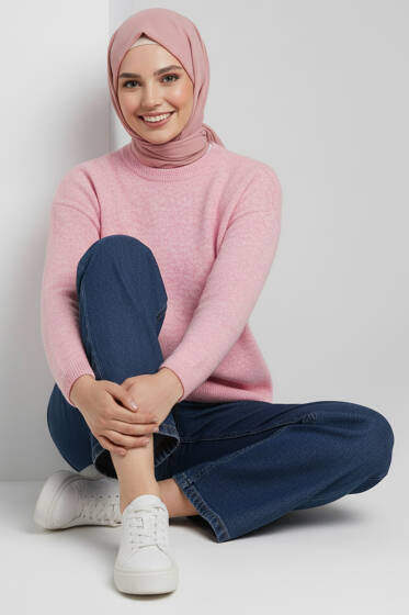 Salaş Yumoş Triko Kazak Pembe - Triko Kazak