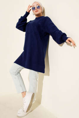 Salkım Kabartma Yumoş Triko Tunik Lacivert - Tunik