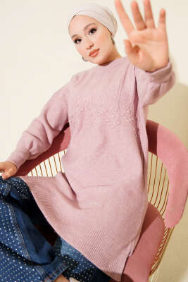 Salkım Kabartma Yumoş Triko Tunik Pudra - NESSİA