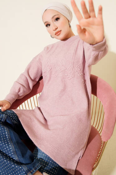 Salkım Kabartma Yumoş Triko Tunik Pudra - Tunik