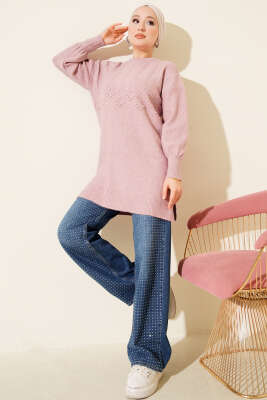 Salkım Kabartma Yumoş Triko Tunik Pudra - Tunik