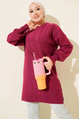 Salkım Kabartma Yumoş Triko Tunik Vişne - NESSİA