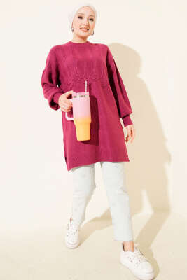 Salkım Kabartma Yumoş Triko Tunik Vişne - Tunik