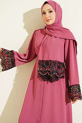 Şallı Çiçek Süslemeli Abaya Elbise Gül Kurusu - Elbise