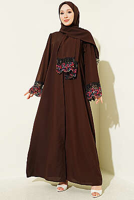 Şallı Çiçek Süslemeli Abaya Elbise Kahve - EFSUN MODA