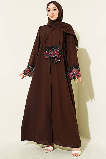Şallı Çiçek Süslemeli Abaya Elbise Kahve - Elbise