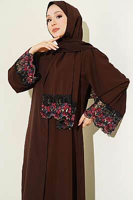 Şallı Çiçek Süslemeli Abaya Elbise Kahve - Elbise