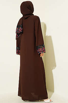 Şallı Çiçek Süslemeli Abaya Elbise Kahve - Elbise