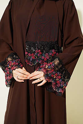 Şallı Çiçek Süslemeli Abaya Elbise Kahve - Elbise
