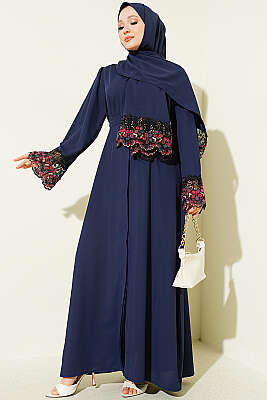Şallı Çiçek Süslemeli Abaya Elbise Lacivert - EFSUN MODA