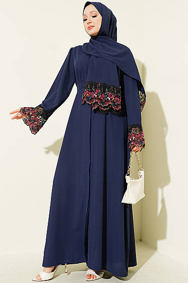 Şallı Çiçek Süslemeli Abaya Elbise Lacivert - Elbise