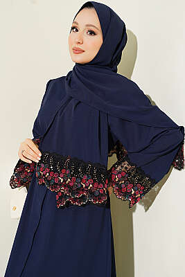 Şallı Çiçek Süslemeli Abaya Elbise Lacivert - Elbise