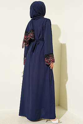 Şallı Çiçek Süslemeli Abaya Elbise Lacivert - Elbise