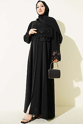 Şallı Çiçek Süslemeli Abaya Elbise Siyah Dantelli - Elbise