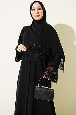 Şallı Çiçek Süslemeli Abaya Elbise Siyah Dantelli - Elbise