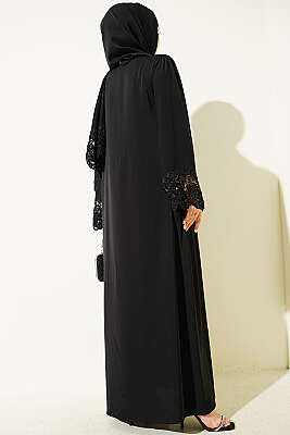 Şallı Çiçek Süslemeli Abaya Elbise Siyah Dantelli - Elbise