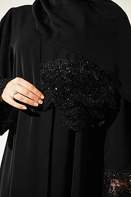 Şallı Çiçek Süslemeli Abaya Elbise Siyah Dantelli - Elbise