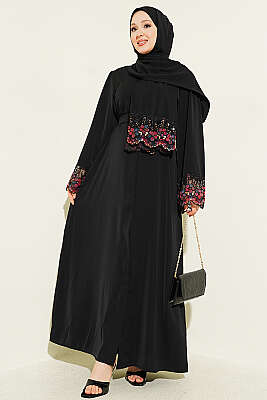 Şallı Çiçek Süslemeli Abaya Elbise Siyah - EFSUN MODA