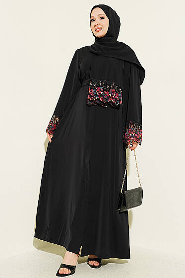 Şallı Çiçek Süslemeli Abaya Elbise Siyah - Elbise