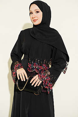 Şallı Çiçek Süslemeli Abaya Elbise Siyah - Elbise