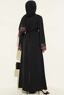 Şallı Çiçek Süslemeli Abaya Elbise Siyah - Elbise