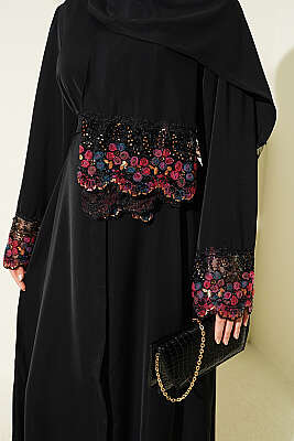 Şallı Çiçek Süslemeli Abaya Elbise Siyah - Elbise