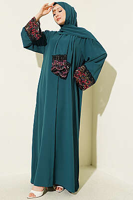 Şallı Çiçek Süslemeli Abaya Elbise Zümrüt - EFSUN MODA