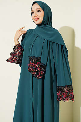 Şallı Çiçek Süslemeli Abaya Elbise Zümrüt - Elbise