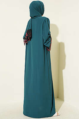 Şallı Çiçek Süslemeli Abaya Elbise Zümrüt - Elbise