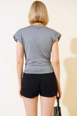 Sandy Degaje Yaka Bluz Gri - Kadın Giyim Modelleri