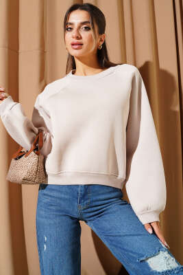 Şardonlu Basic Kısa Sweatshirt Bej - Kadın Giyim Modelleri
