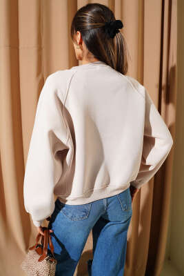 Şardonlu Basic Kısa Sweatshirt Bej - Kadın Giyim Modelleri