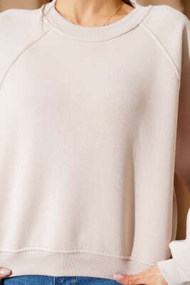 Şardonlu Basic Kısa Sweatshirt Bej - Kadın Giyim Modelleri