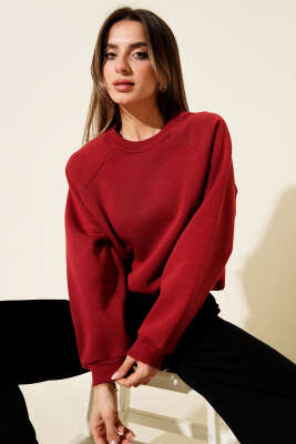 Şardonlu Basic Kısa Sweatshirt Bordo - Kadın Giyim Modelleri