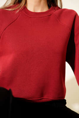 Şardonlu Basic Kısa Sweatshirt Bordo - Kadın Giyim Modelleri