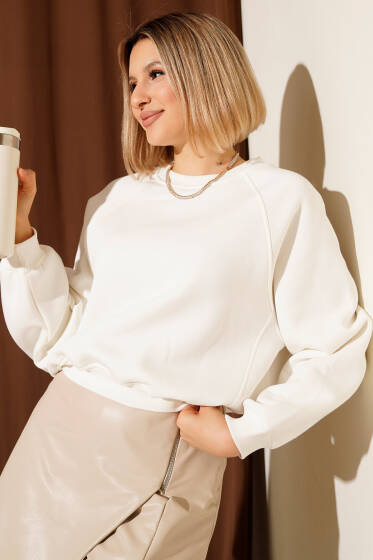 Şardonlu Basic Kısa Sweatshirt Ekru - Yılın Fırsatı