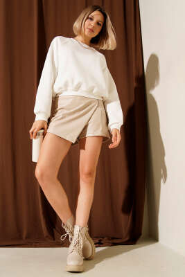 Şardonlu Basic Kısa Sweatshirt Ekru - Yılın Fırsatı