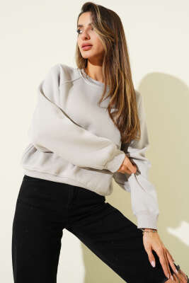 Şardonlu Basic Kısa Sweatshirt Gri - HELLIE