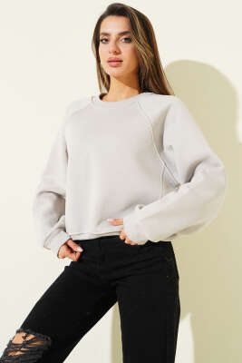 Şardonlu Basic Kısa Sweatshirt Gri - Kadın Giyim Modelleri