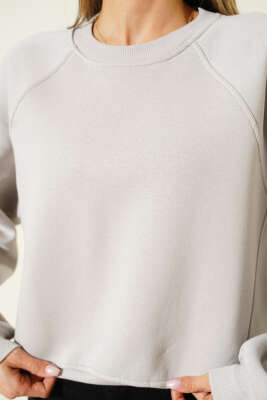 Şardonlu Basic Kısa Sweatshirt Gri - Kadın Giyim Modelleri