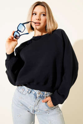 Şardonlu Basic Kısa Sweatshirt Lacivert 