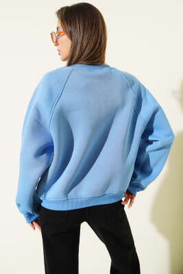 Şardonlu Basic Kısa Sweatshirt Mavi - Kadın Giyim Modelleri