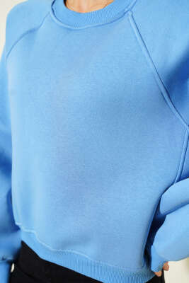 Şardonlu Basic Kısa Sweatshirt Mavi - Kadın Giyim Modelleri