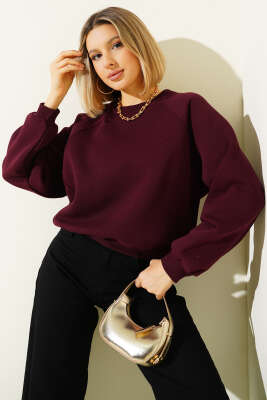Şardonlu Basic Kısa Sweatshirt Mürdüm - Kadın Giyim Modelleri