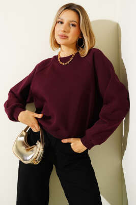 Şardonlu Basic Kısa Sweatshirt Mürdüm - Kadın Giyim Modelleri