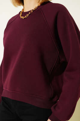 Şardonlu Basic Kısa Sweatshirt Mürdüm - Kadın Giyim Modelleri