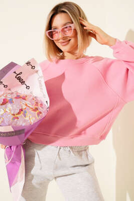 Şardonlu Basic Kısa Sweatshirt Pembe - Kadın Giyim Modelleri