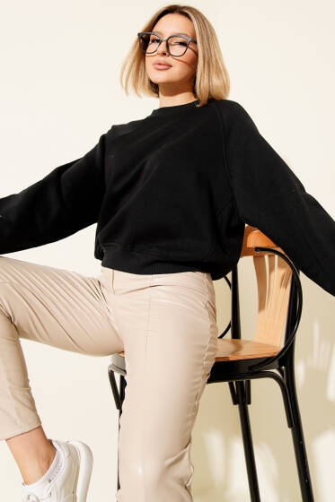 Şardonlu Basic Kısa Sweatshirt Siyah - Yılın Fırsatı