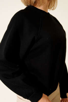 Şardonlu Basic Kısa Sweatshirt Siyah - Yılın Fırsatı